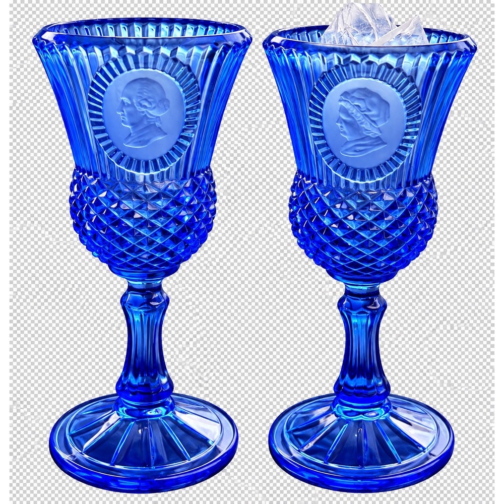 Cobalt Blue Glass George & Martha Washington Cameo Goblets Pair Translucent Blue